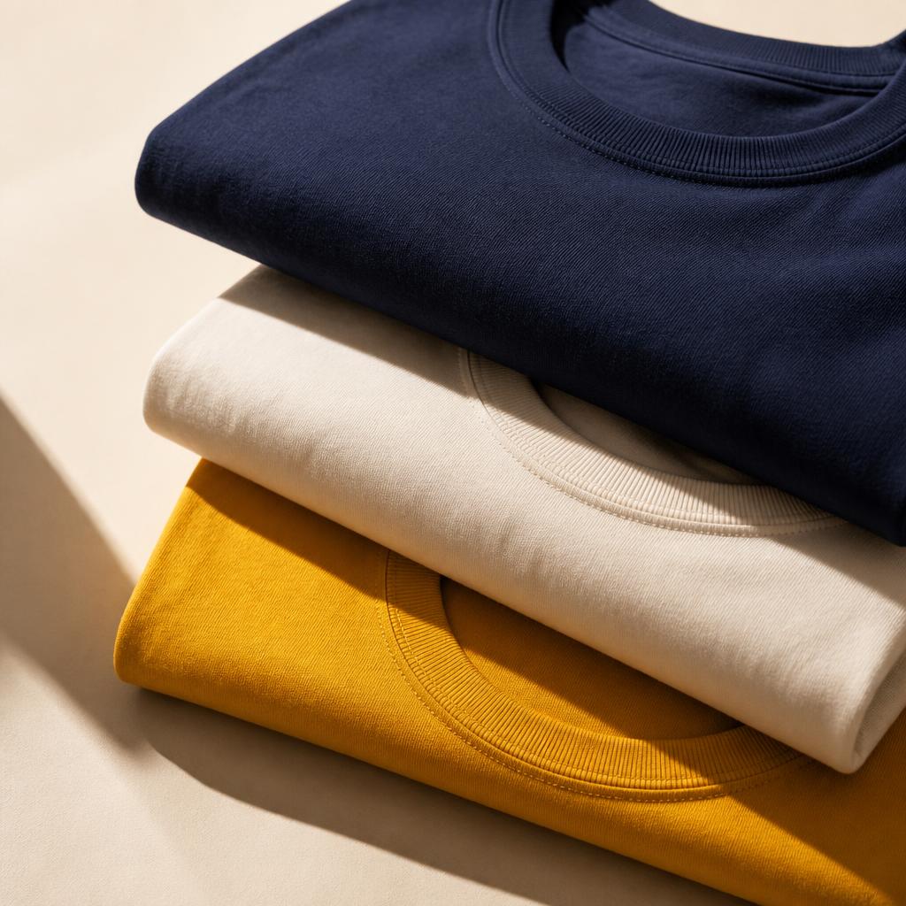 Stack of folded custom Rocking B tees in navy, cream, and gold